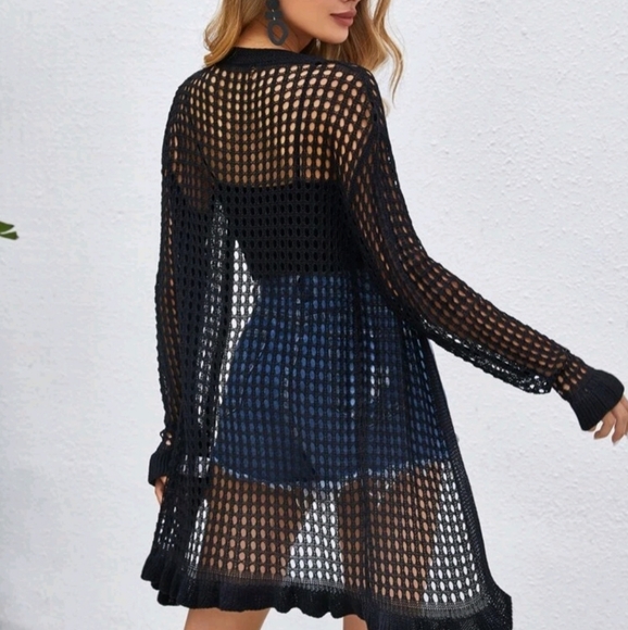 NEW Black Flounce Sleeve Knit Sheer Cardigan - Picture 3 of 8